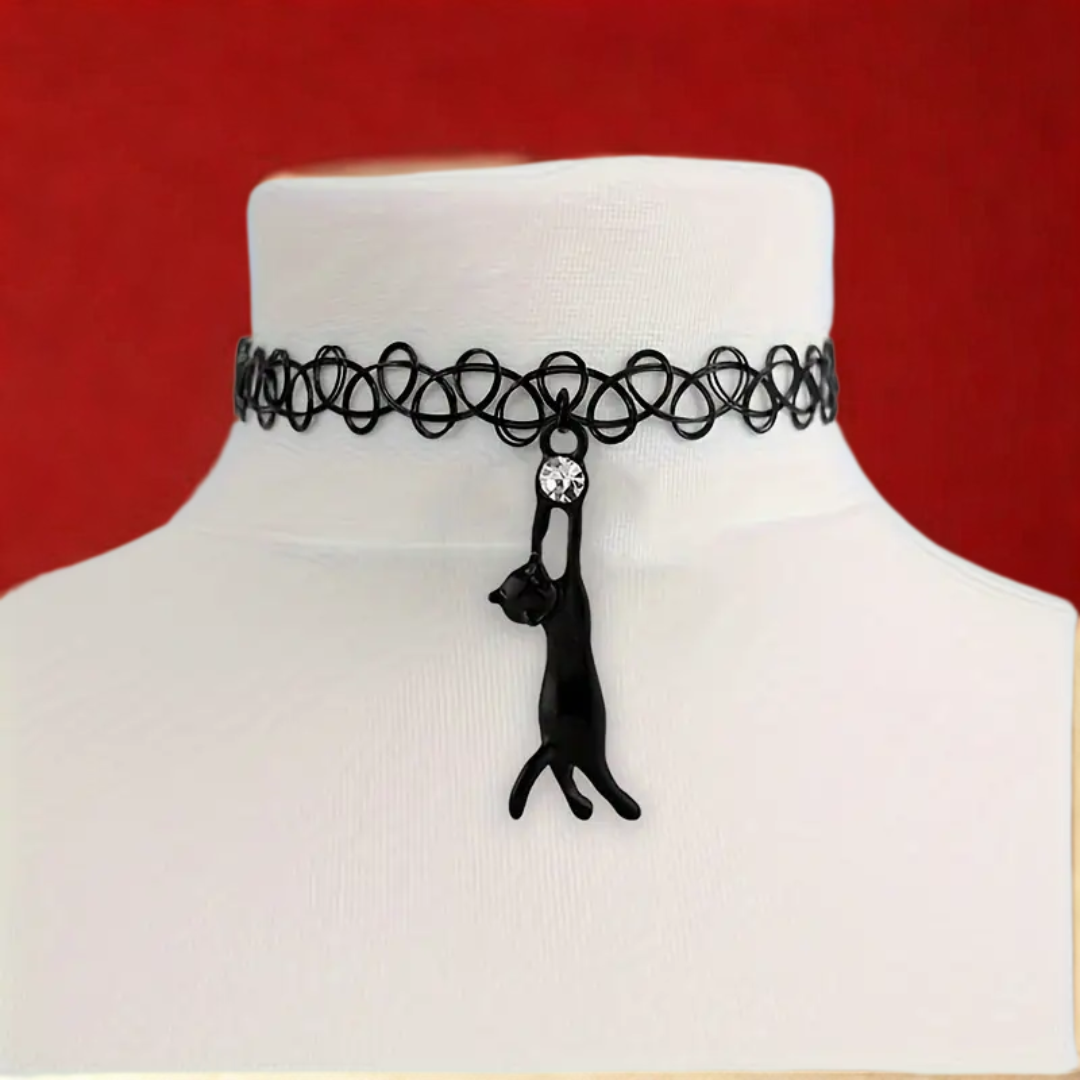 COLMILLO NEGRO — Collar Elástico Estilo Vintage con Gato y Encaje
