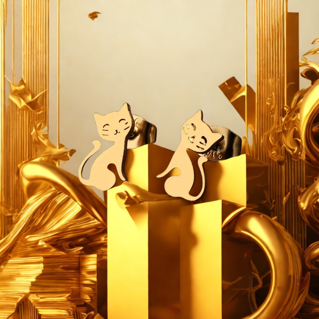 SUSURRO DE ORO — Pendientes Gato en Acero de Lujo