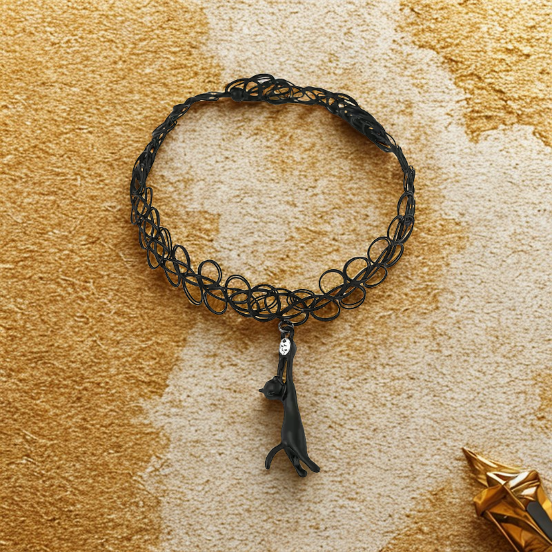 COLMILLO NEGRO — Collar Elástico Estilo Vintage con Gato y Encaje